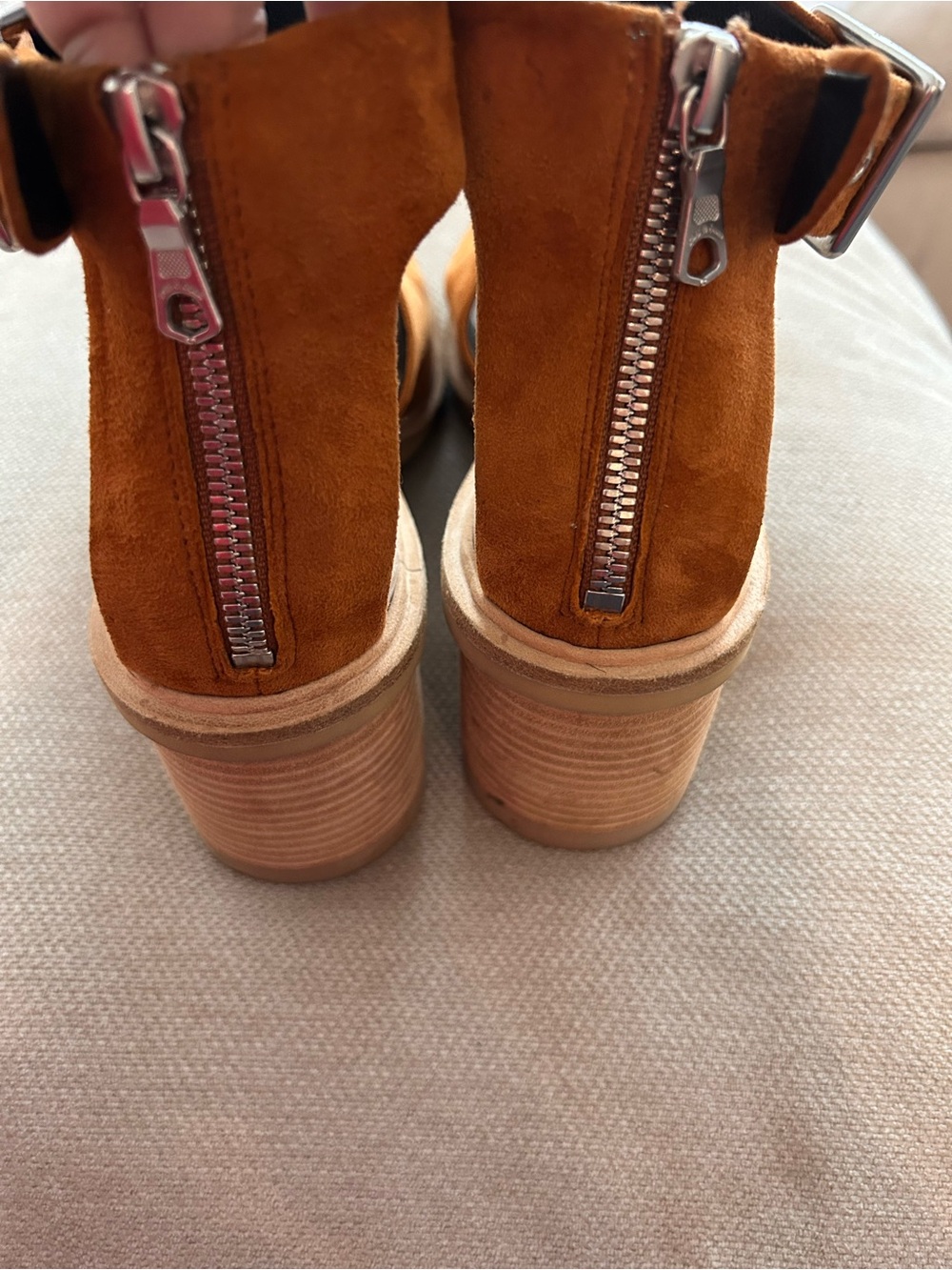 rag & bone Suede Open-Toe Sandals in Cognac/Tan 3 1/2 heel - Picture 7 of 9